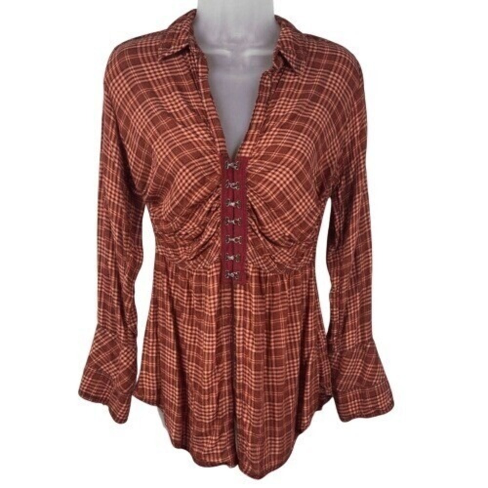 We The Free Catalynn‎ Plaid Hook-and-Eye Fitted Top Red XS - Picture 3 of 12